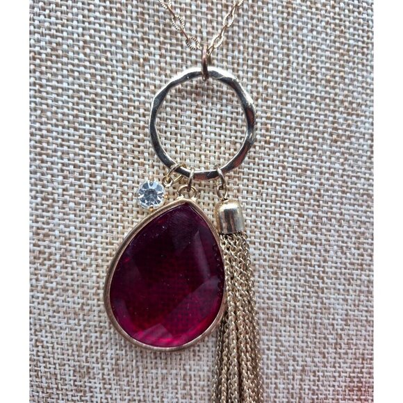 Veronese Signed Gold Tone Tassel Red Teardrop & Crystal Pendant Necklace 32" - Picture 4 of 11